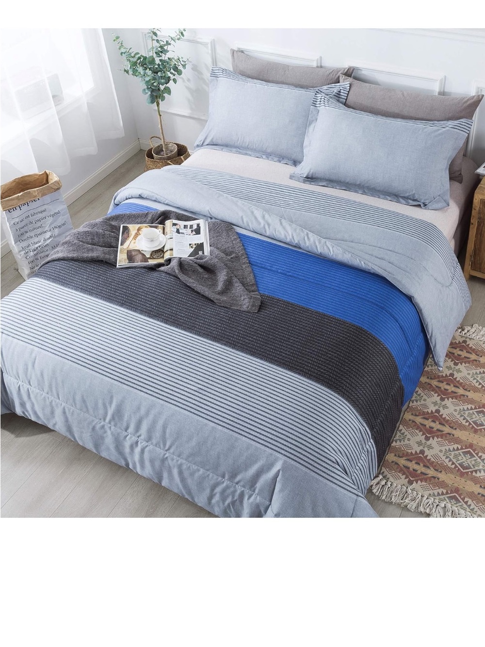 Andency Stripe Blue Comforter Set King Size, 3 Pieces Gray and Blue Patchwork